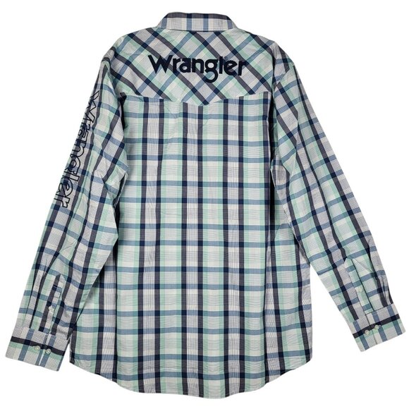 Wrangler Plaid Spellout Shirt Mens XL Tall Blue Green Button Up Western NWT - Picture 14 of 16
